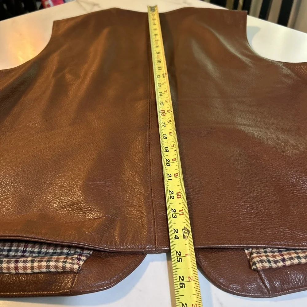 Orvis Vintage Brown Leather Vest Mens Plaid Lined Button Front Outdoor Heritage